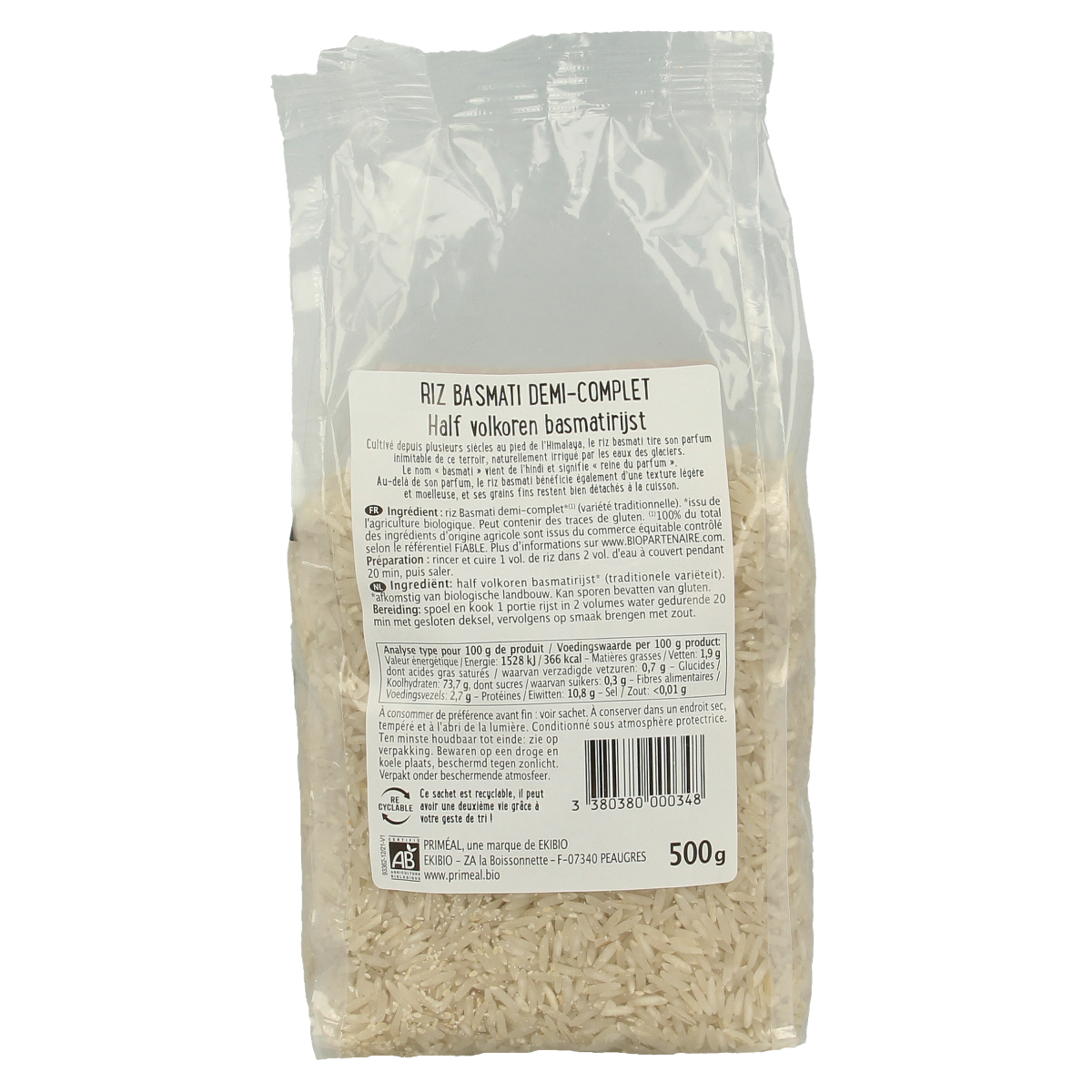 Primeal Halfvolkoren basmati rijst bio 500.00 Gram