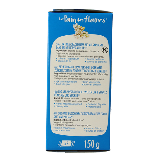 Pain Des Fleurs Krokante crackers boekweit zoutloos glutenvrij bio 150 Gram
