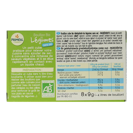 Primeal Groentebouillon blokjes zonder zout 9 gram bio 8.00 Stuks