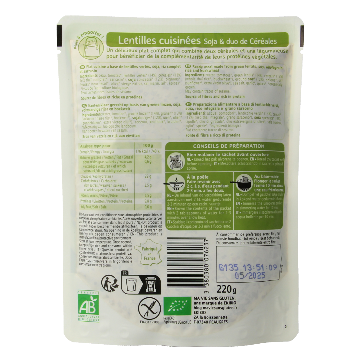 Ma Vie Sans Gekookte linzen soja & granenduo glutenvrij bio 220.00 Gram