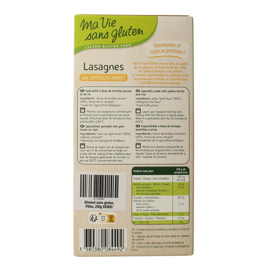 Ma Vie Sans Lasagnebladen van gele linzen glutenvrij bio 250.00 Gram