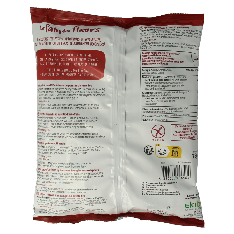 Pain Des Fleurs Chips naturel -30% zout bio glutenvrij vegan 75 Gram