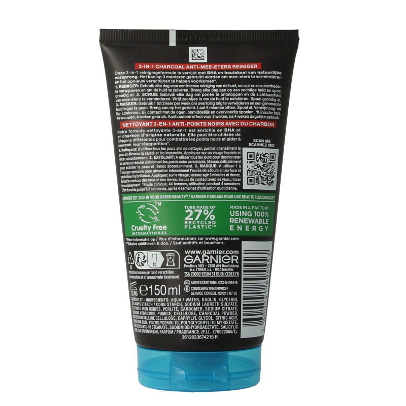 Garnier SkinActive  pure active 3-in-1 charcoal reiniging 150 Milliliter