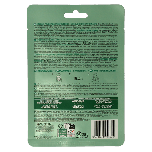 Garnier SkinActive tissuemasker hydra bomb groene thee 1.00 Stuks