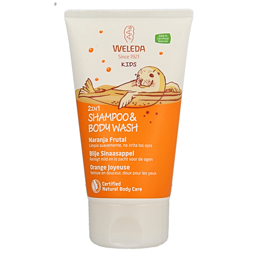 Weleda Kids 2-in-1 shampoo & bodywash blije sinaasappel 150 Milliliter
