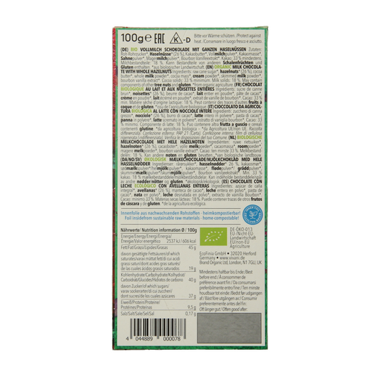 Vivani Chocolade melk met hele hazelnoten bio 100 Gram