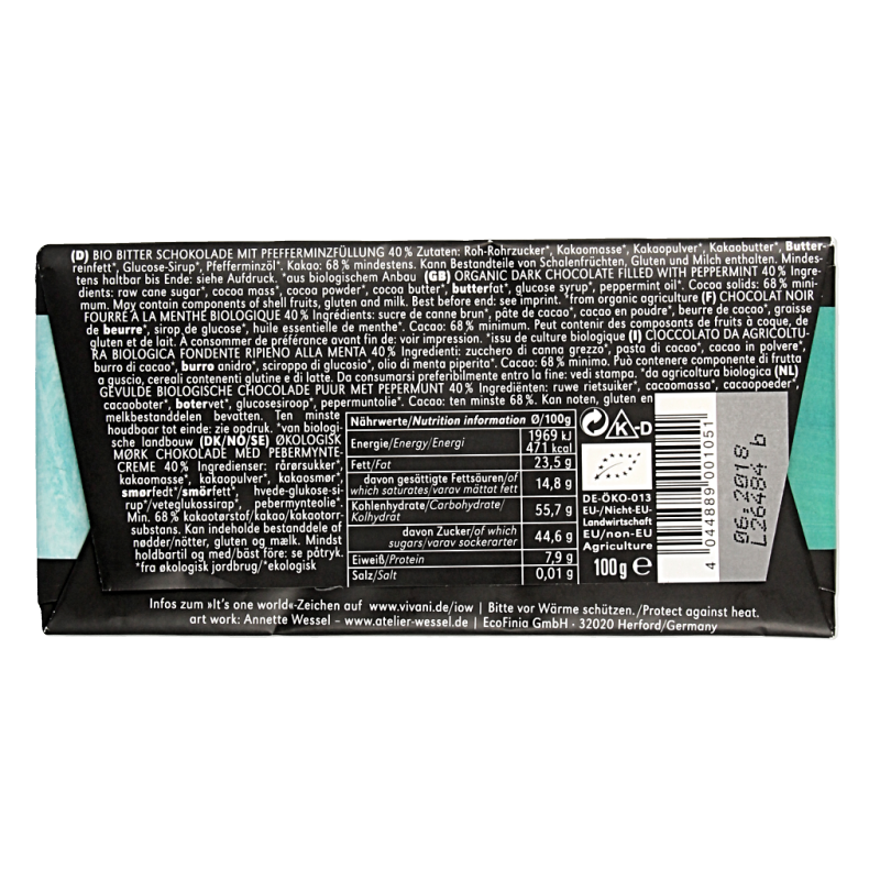 Vivani Chocolade puur met pepermunt bio 100 Gram