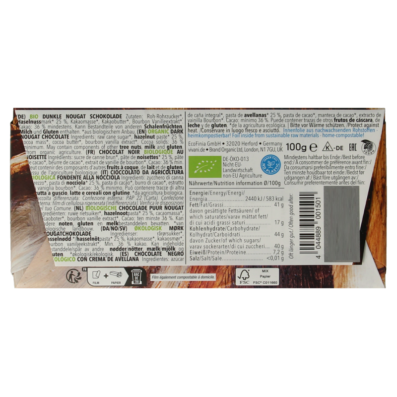 Vivani Chocolade puur praline nougat bio 100 Gram