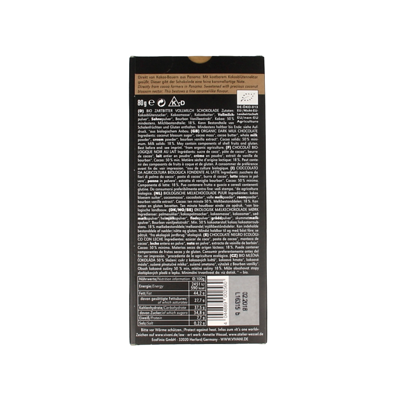 Vivani Chocolade melk donker 50% Panama bio 80 Gram