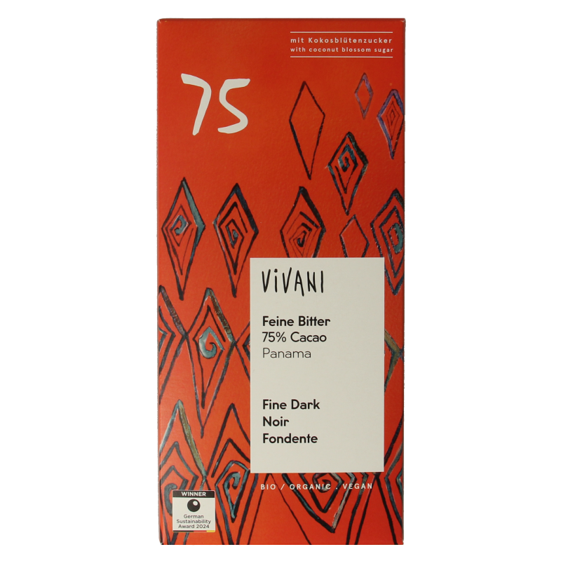 Vivani Chocolade puur delicaat 75% Panama bio 80 Gram