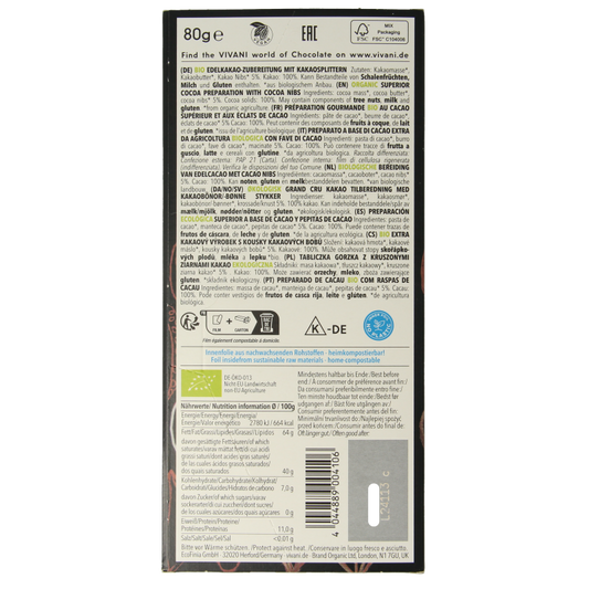 Vivani Chocolade puur 100% + cacao nibs bio 80 Gram