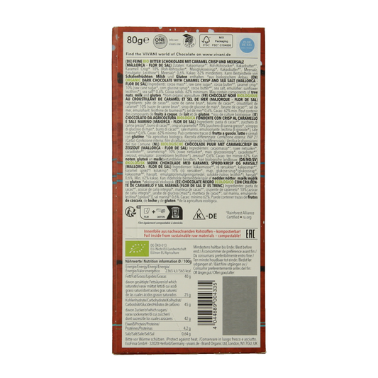 Vivani Chocolade puur caramel zeezout 62% bio 80 Gram
