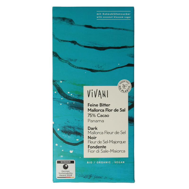 Vivani Chocolade puur 75% Panama fleur de sel bio 80 Gram