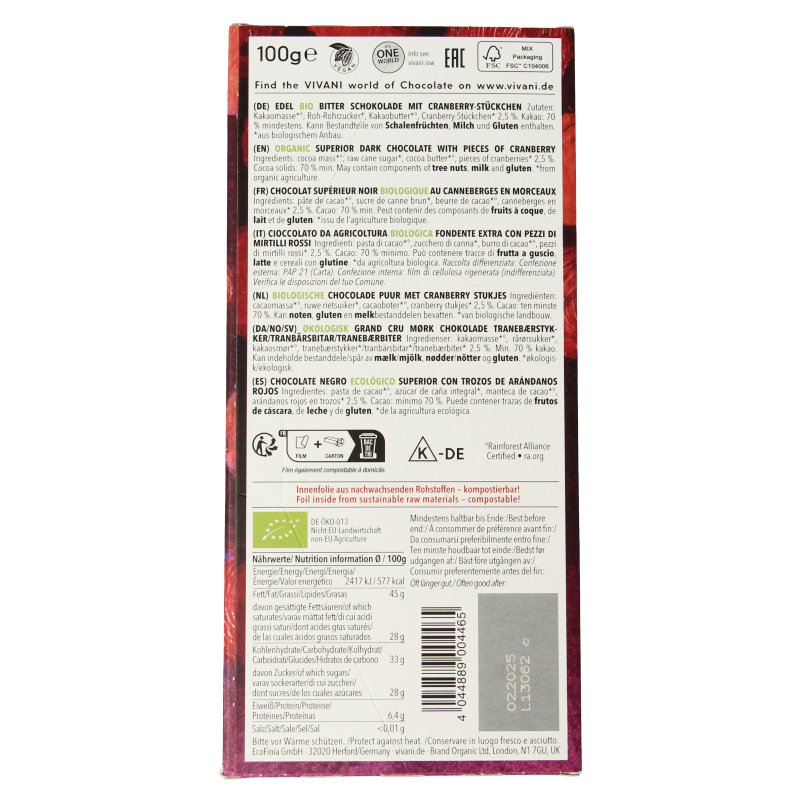 Vivani Chocolade puur superieur met cranberry bio 100 Gram