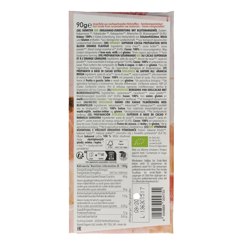 Vivani Chocolade Demeter puur 100% bloedsinaasappel bio 90 Gram