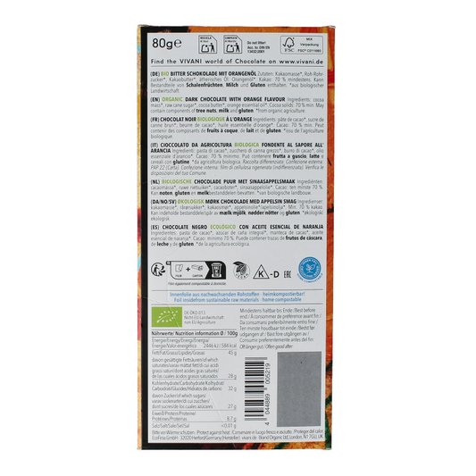Vivani Chocolade puur sinaasappel 70% bio 80 Gram