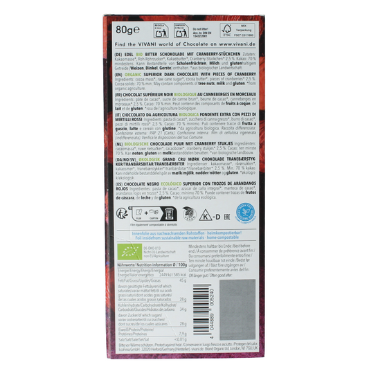 Vivani Chocolade puur cranberry 70% bio 80 Gram