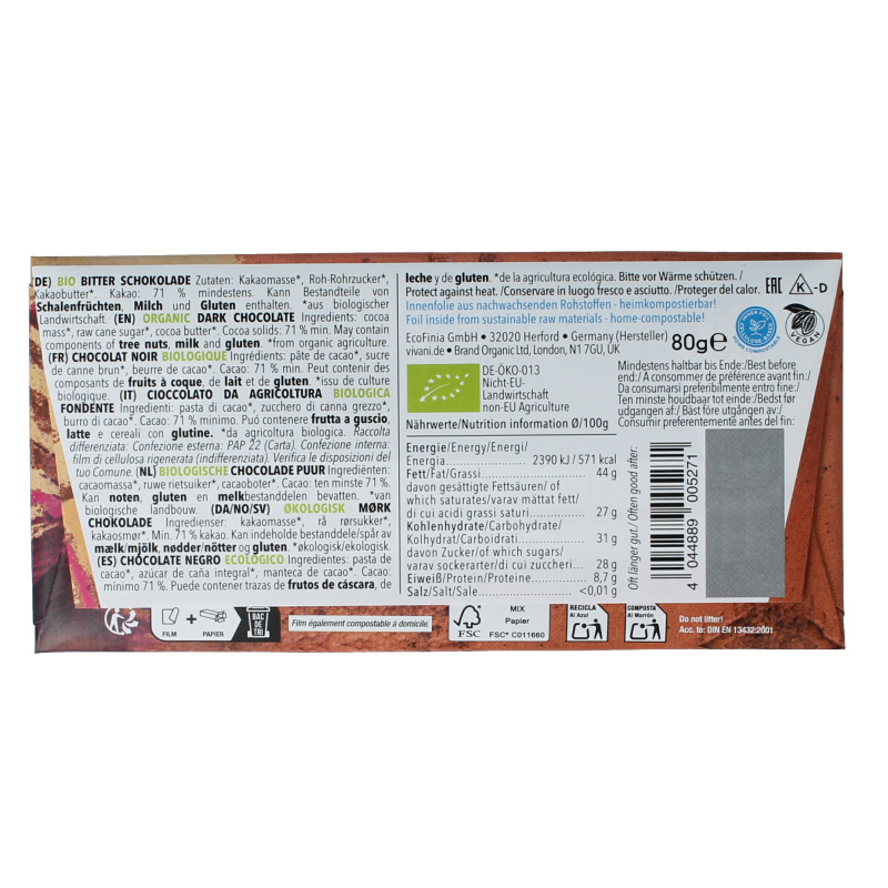 Vivani Chocolate dark 71% bio 80 Gram