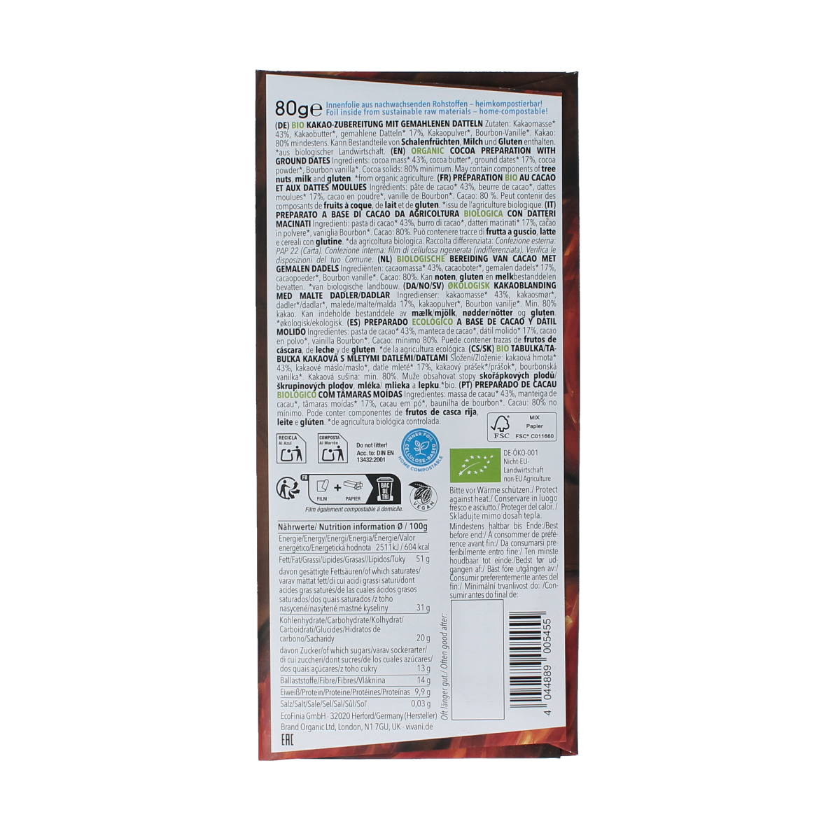 Vivani Chocolade puur 80% dadel gezoet bio 80.00 Gram