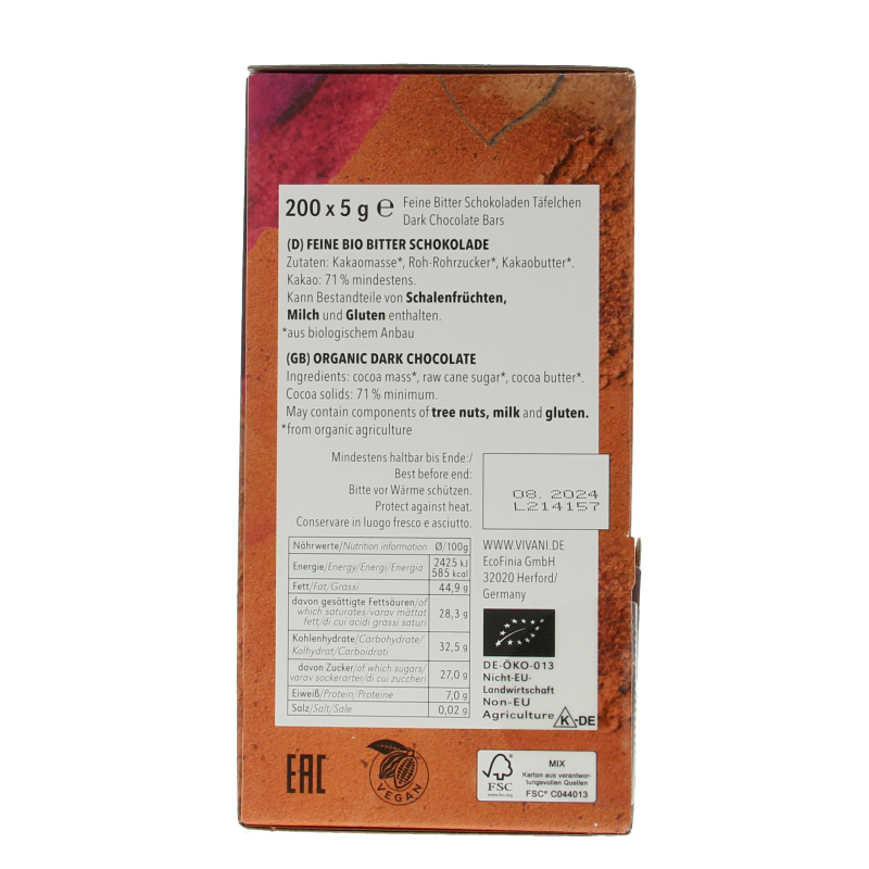 Vivani Chocolade naps puur 5 gram bio 200 Stuks
