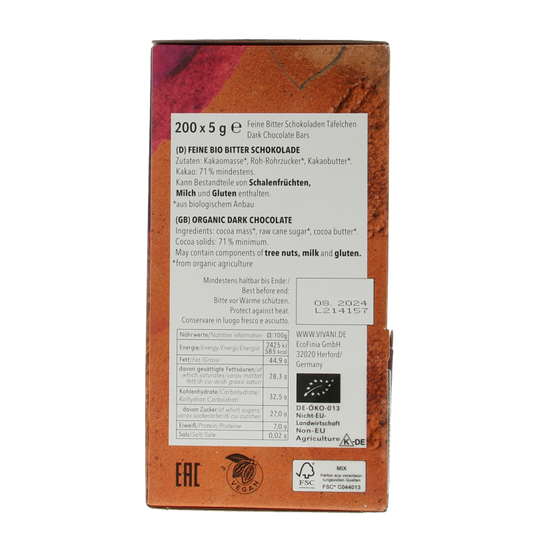 Vivani Chocolade naps puur 5 gram bio 200 Stuks