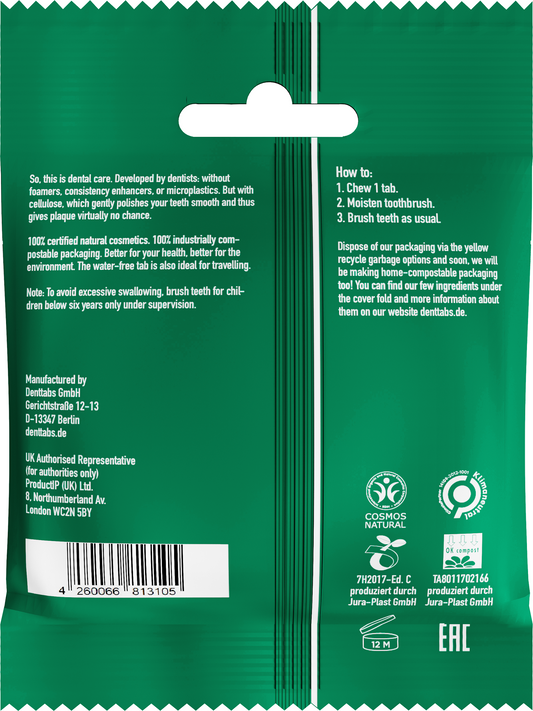 Denttabs Tandpasta tabletten munt zonder fluor vegan 125.00 Stuks
