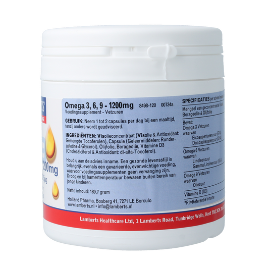 Lamberts Omega 3 6 9 visolie 1200mg + vitamine D3 120.00 Capsules