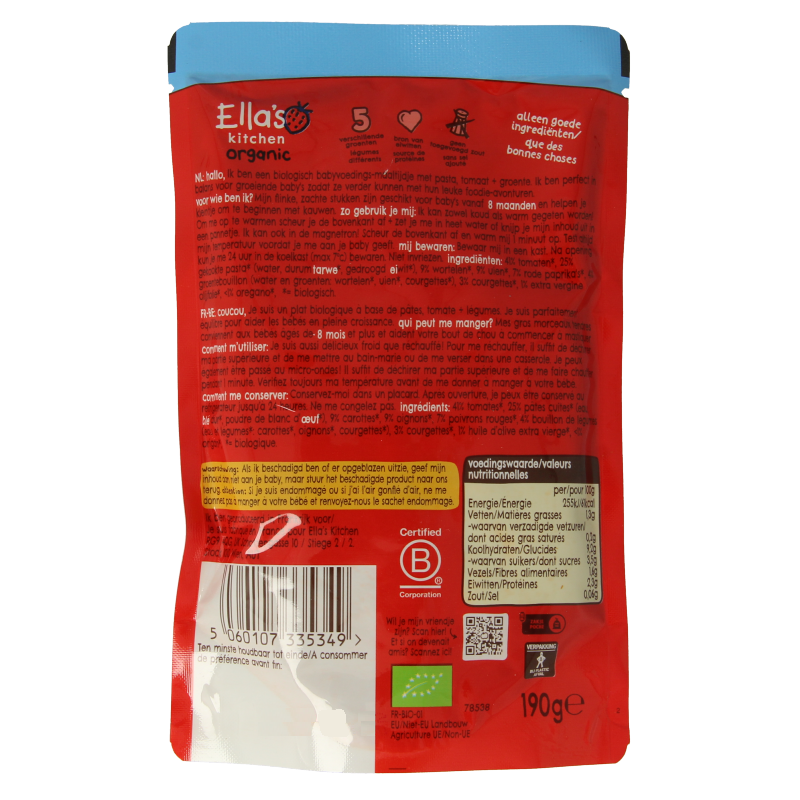 Ella's Kitchen Pasta heleboel groente 8+ maanden bio 190 Gram