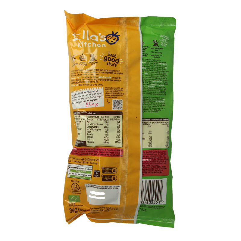 Ella's Kitchen Puff pops peas & sweetcorn 10+ maanden bio 36 Gram