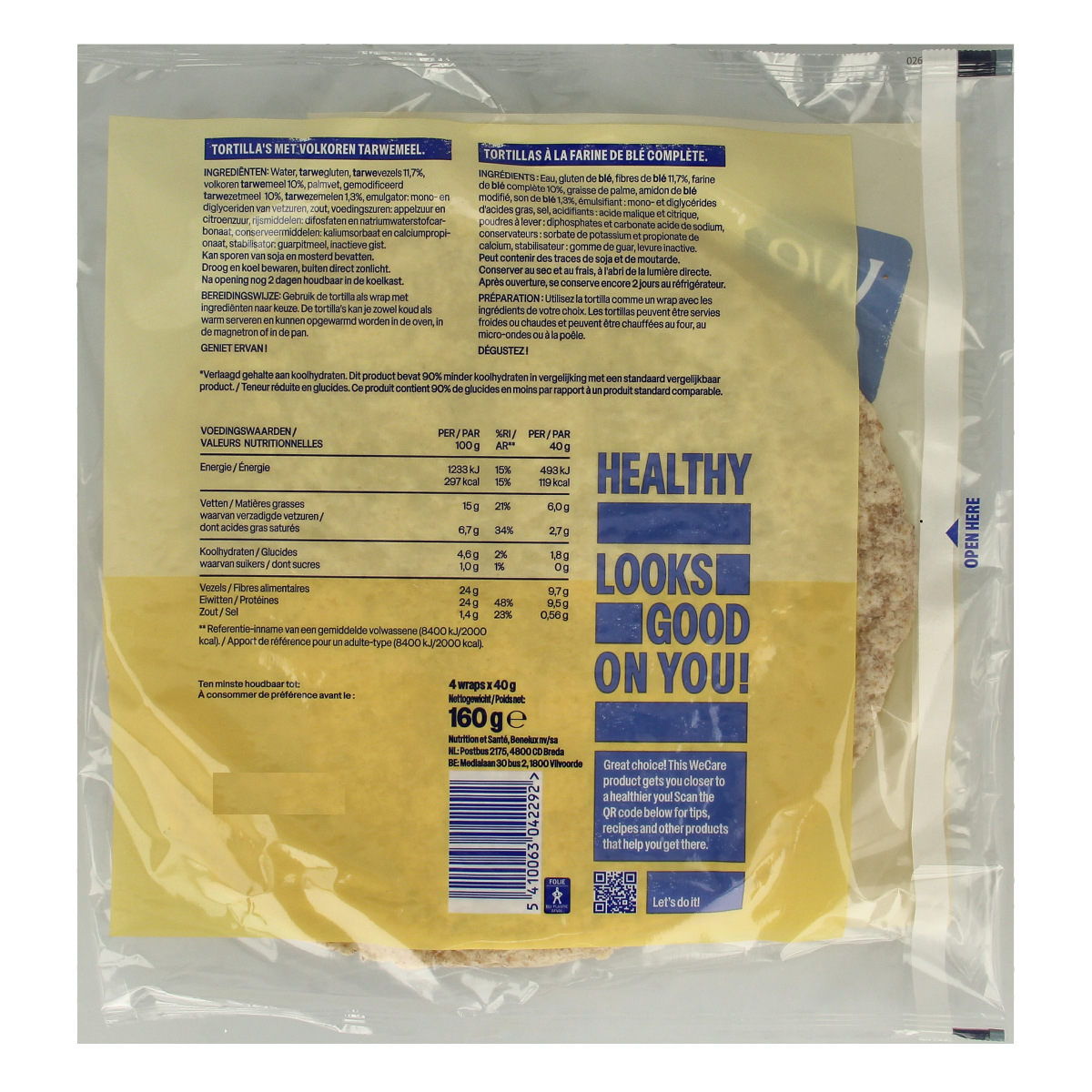 WeCare Lower kcal/carb whole grain tortillas 160 Gram