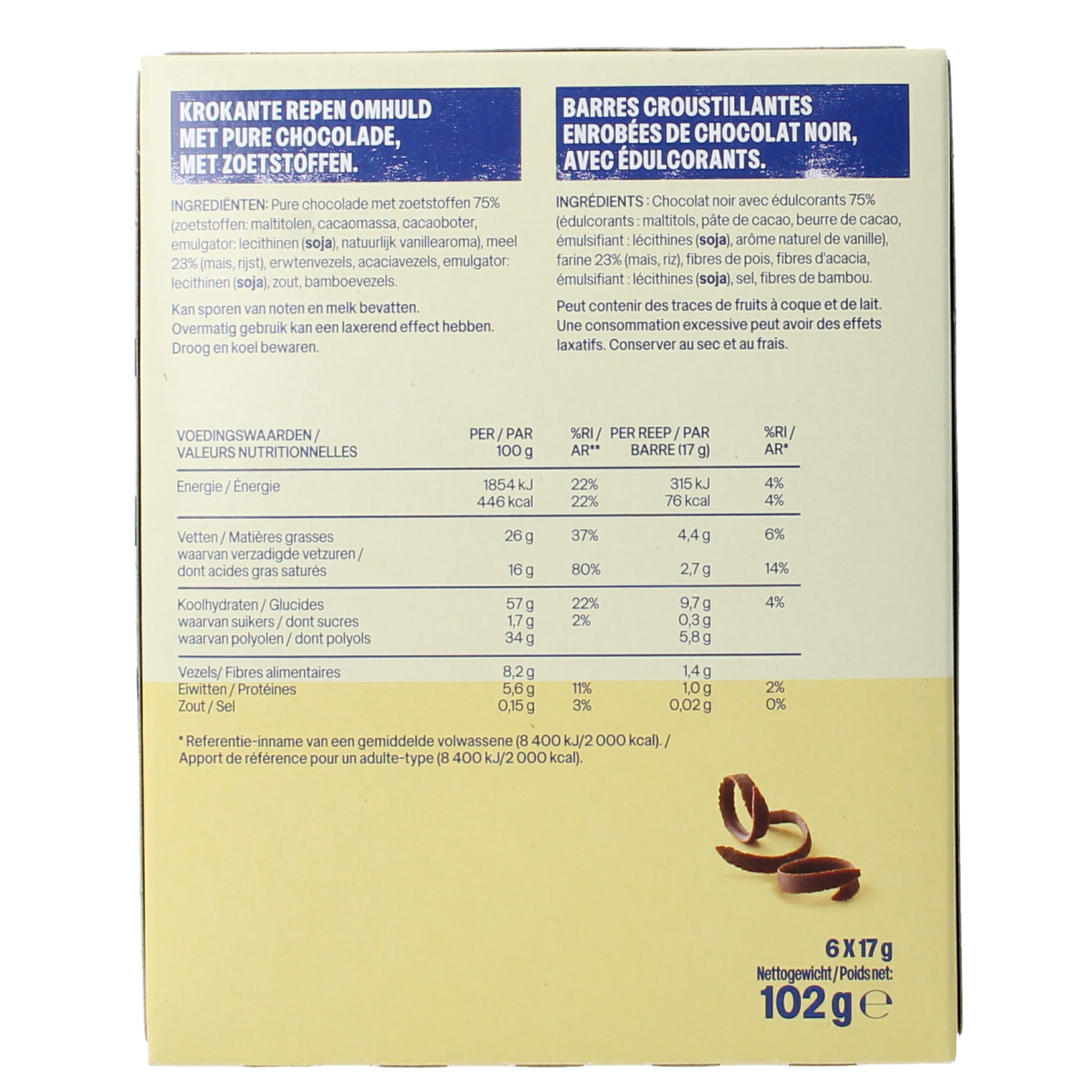 WeCare Lower kcal/carb bars crunchy dark choco 102.00 Gram