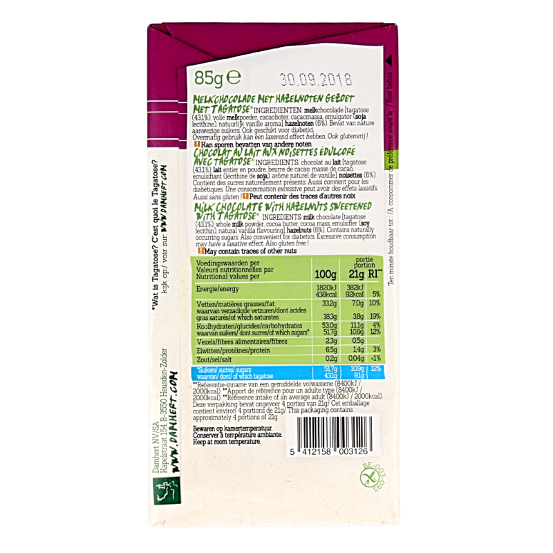 Damhert Chocoladetablet noten minder suikers 85 Gram