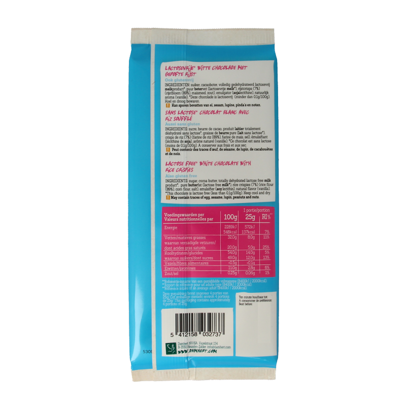 Damhert Witte chocoladetablet crisp gluten- en lactosevrij 100 Gram
