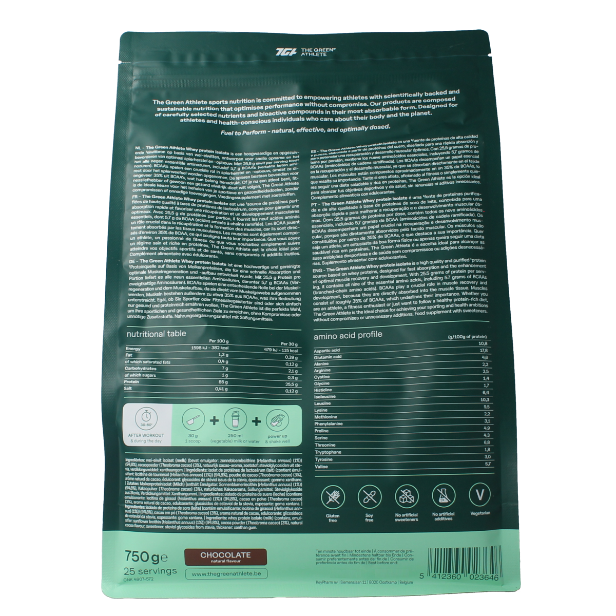 The Green Athlete Whey protein isolate chocolate 750.00 Gram