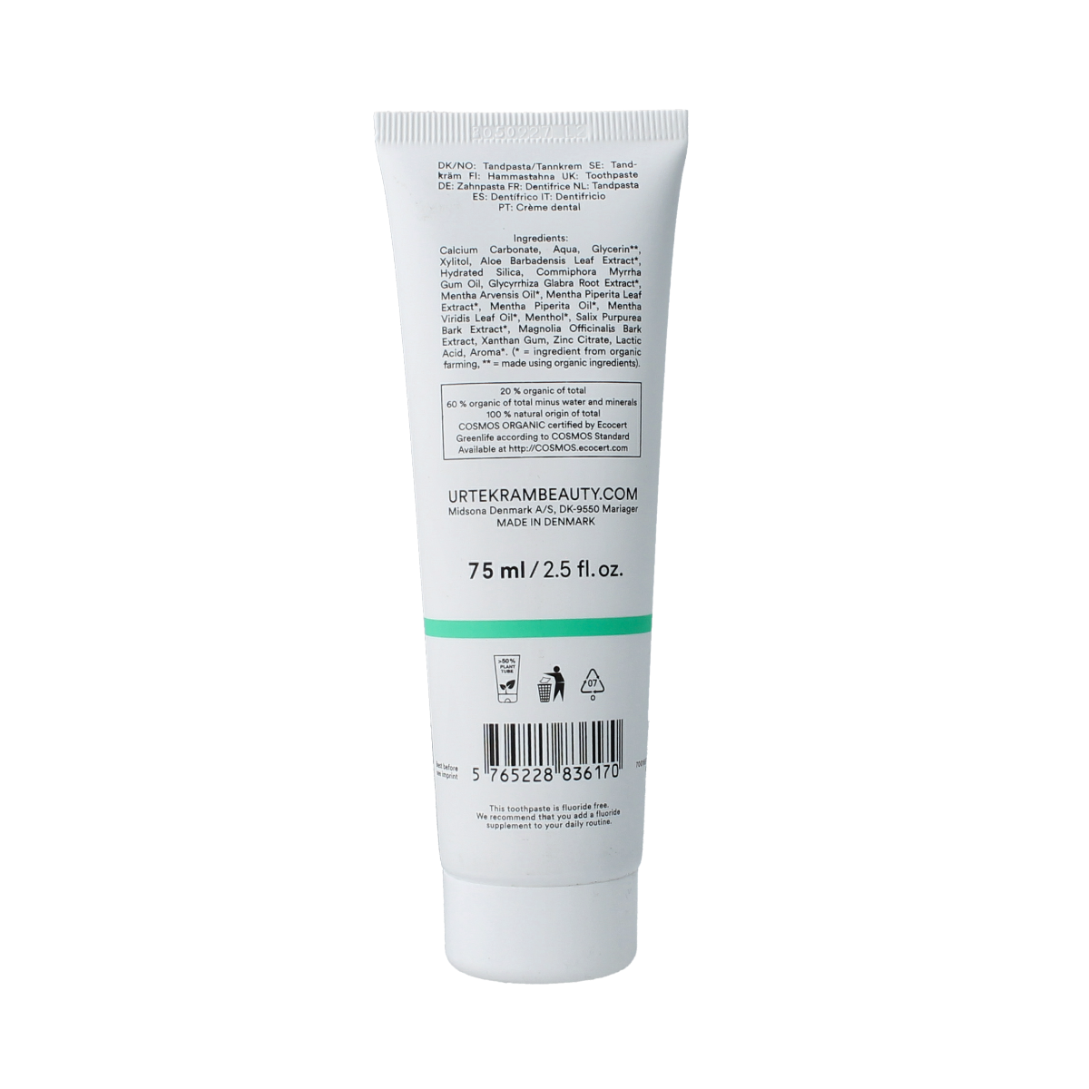 Urtekram Tandpasta sensitive strong mint fluoridevrij 75.00 Milliliter