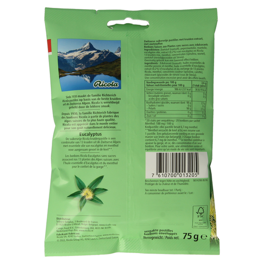Ricola Eucalyptus suikervrij 75.00 Gram