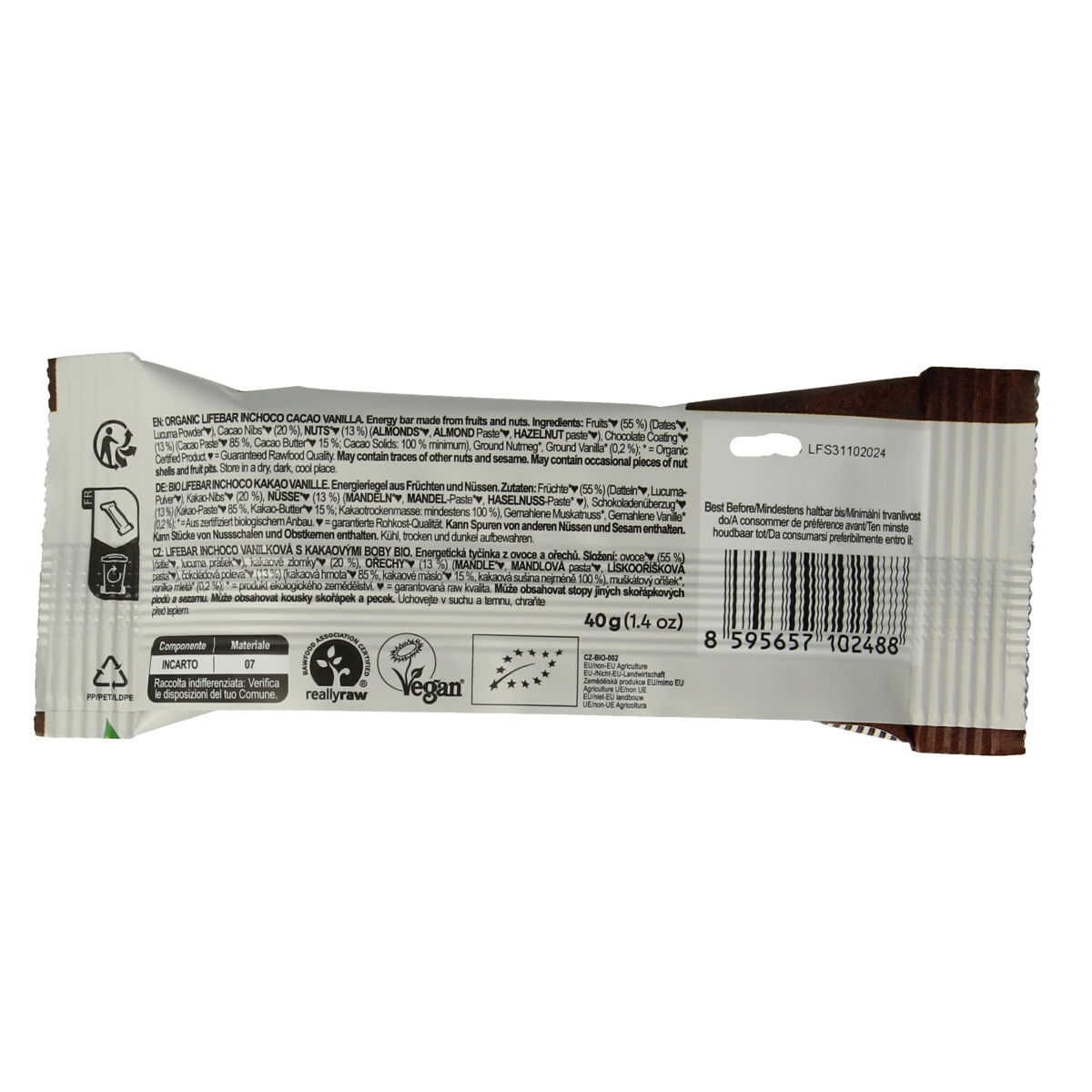 Lifefood Lifebar inchoco chocolade vanille raw bio 40.00 Gram