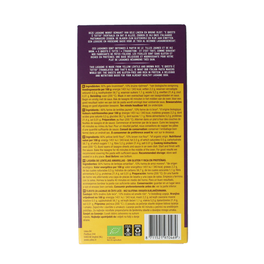 Your Organic Nature Lasagne van gele linzen bio 250.00 Gram