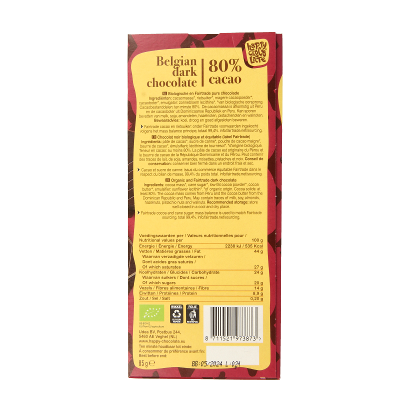 Happy Chocolate Puur 80% bio 85 Gram