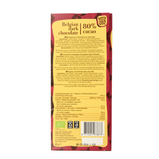 Happy Chocolate Puur 80% bio 85 Gram