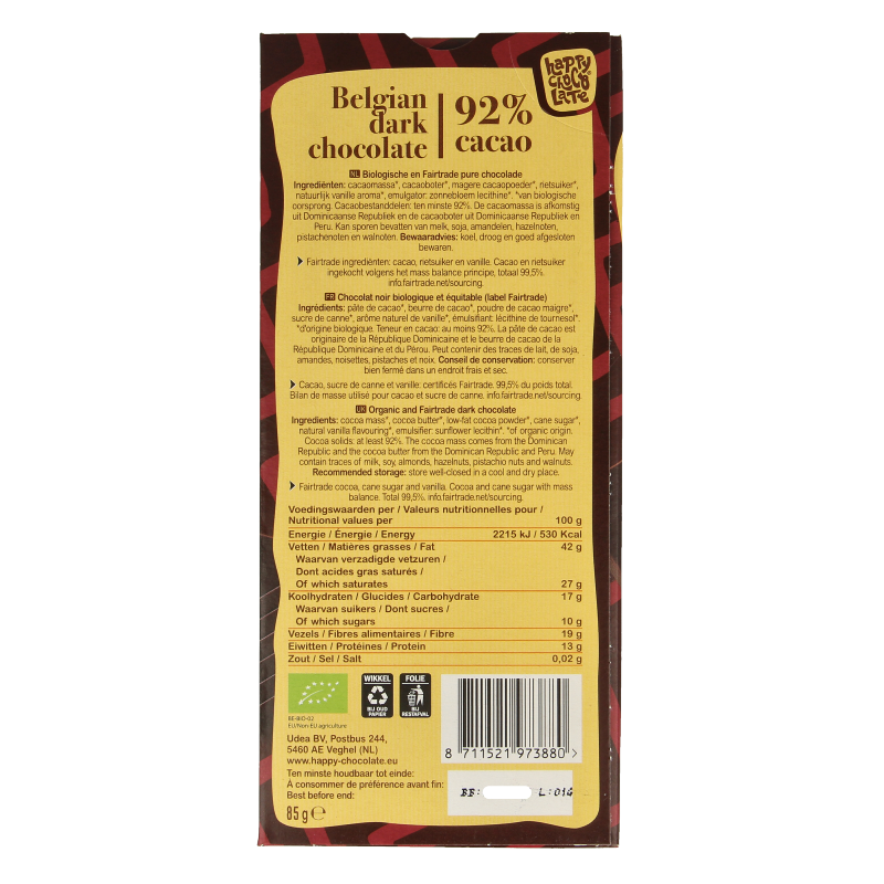 Happy Chocolate Puur 92% bio 85 Gram