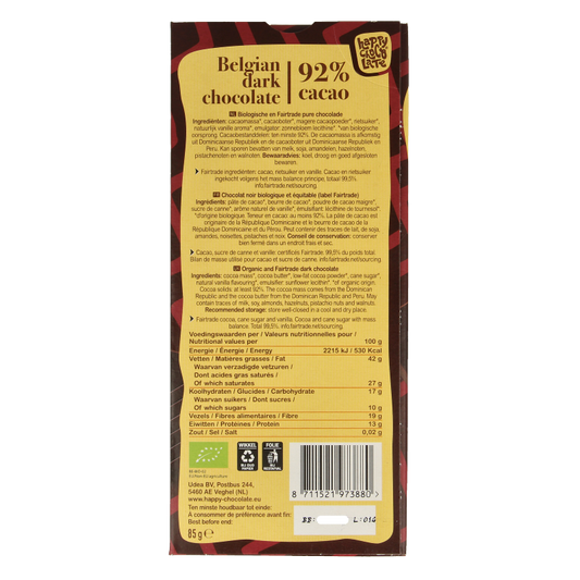 Happy Chocolate Puur 92% bio 85 Gram