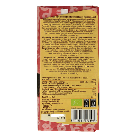 Happy Chocolate Puur sinaasappel bio 100.00 Gram