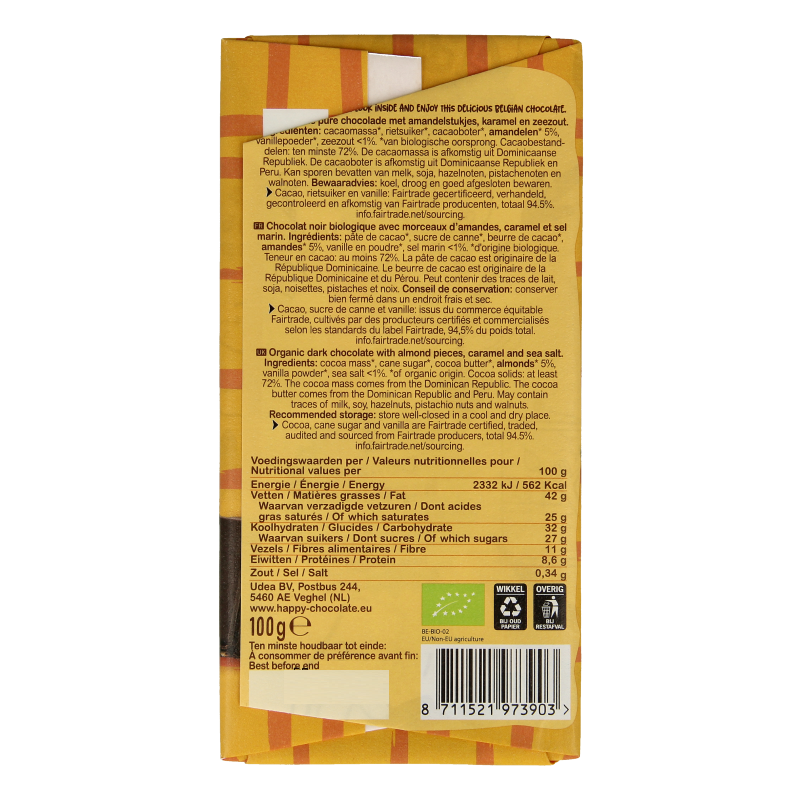 Happy Chocolate Puur amandel karamel zeezout bio 100 Gram