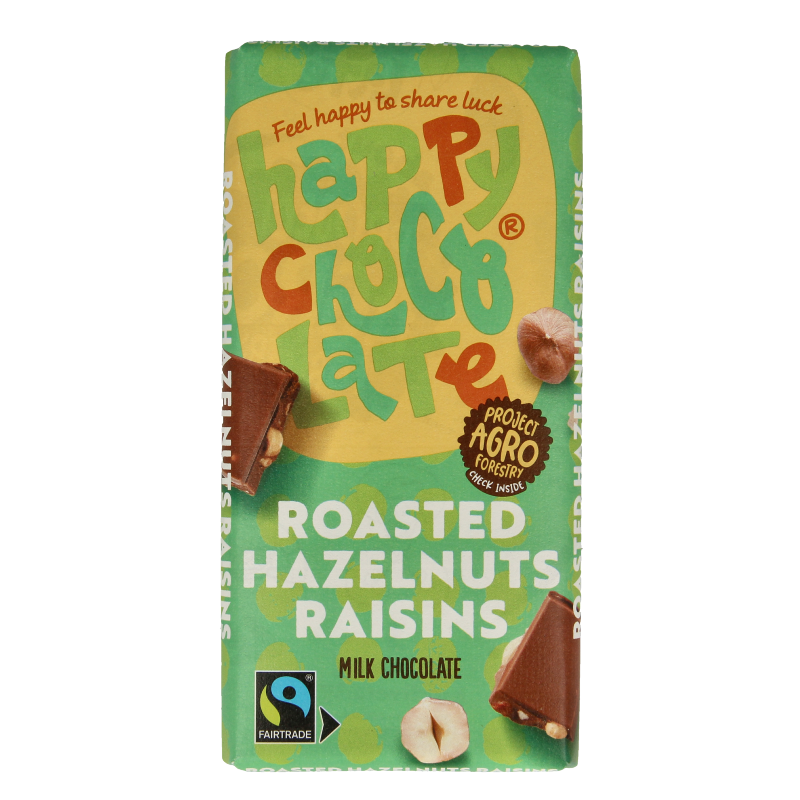 Happy Chocolate Melk geroosterde hazelnoot rozijn bio 100 Gram