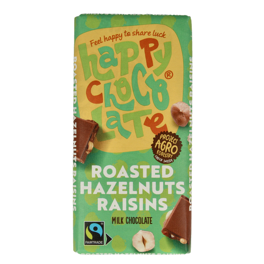 Happy Chocolate Melk geroosterde hazelnoot rozijn bio 100 Gram