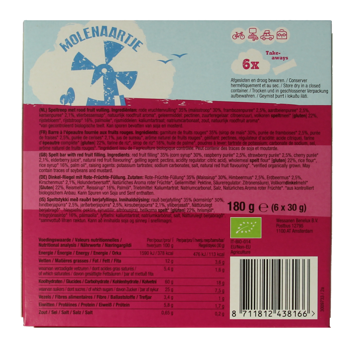 Molenaartje Spelt fruitreep rood fruit bio 180.00 Gram