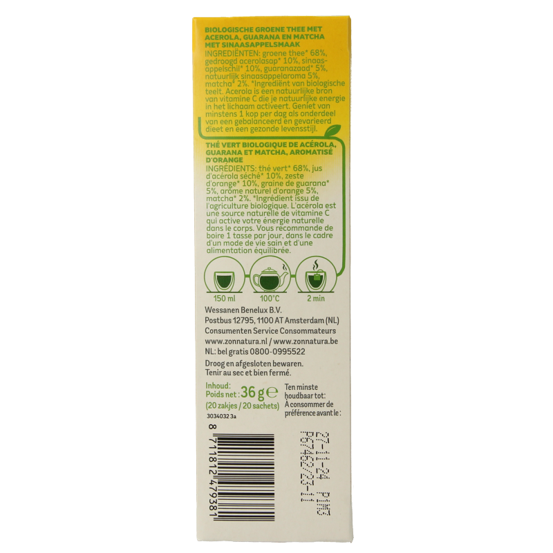 Zonnatura Energie groene thee met vitamine C bio 20 Zakjes