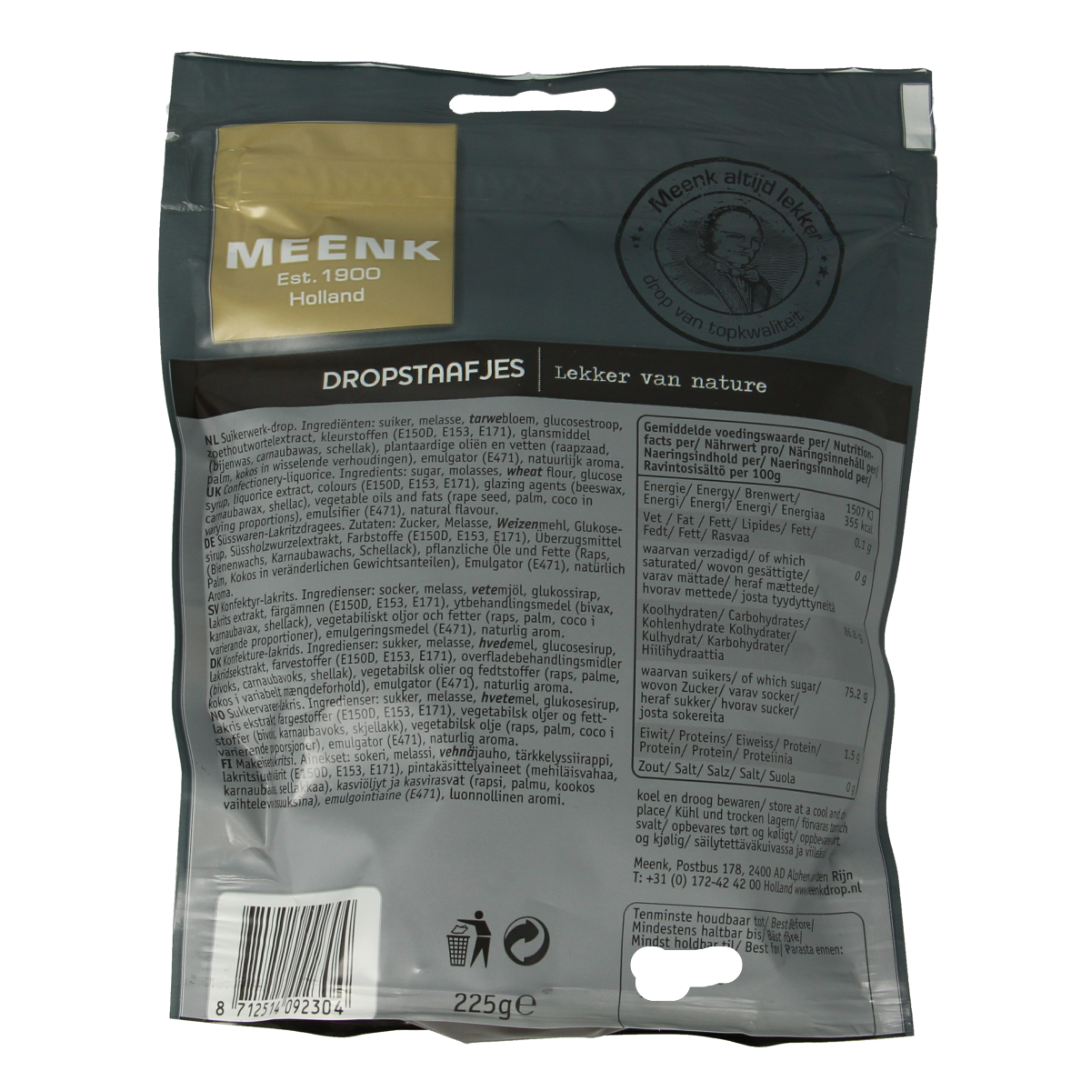 Meenk Dropstaafjes 225.00 Gram