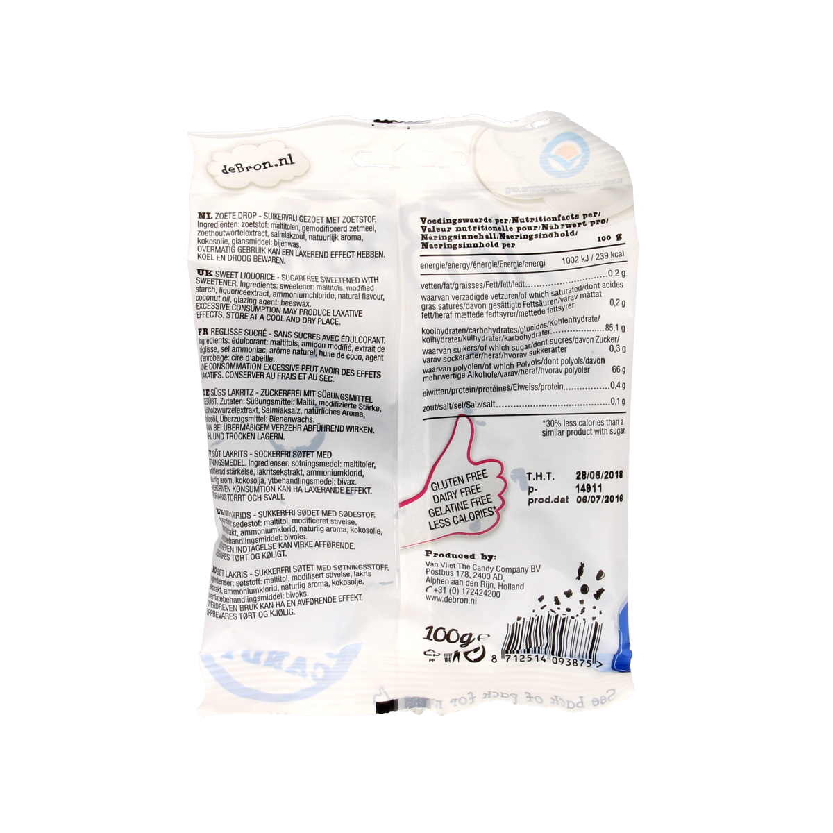 De Bron Zoete dropbolletjes/sweet liquorice suikervrij 100.00 Gram